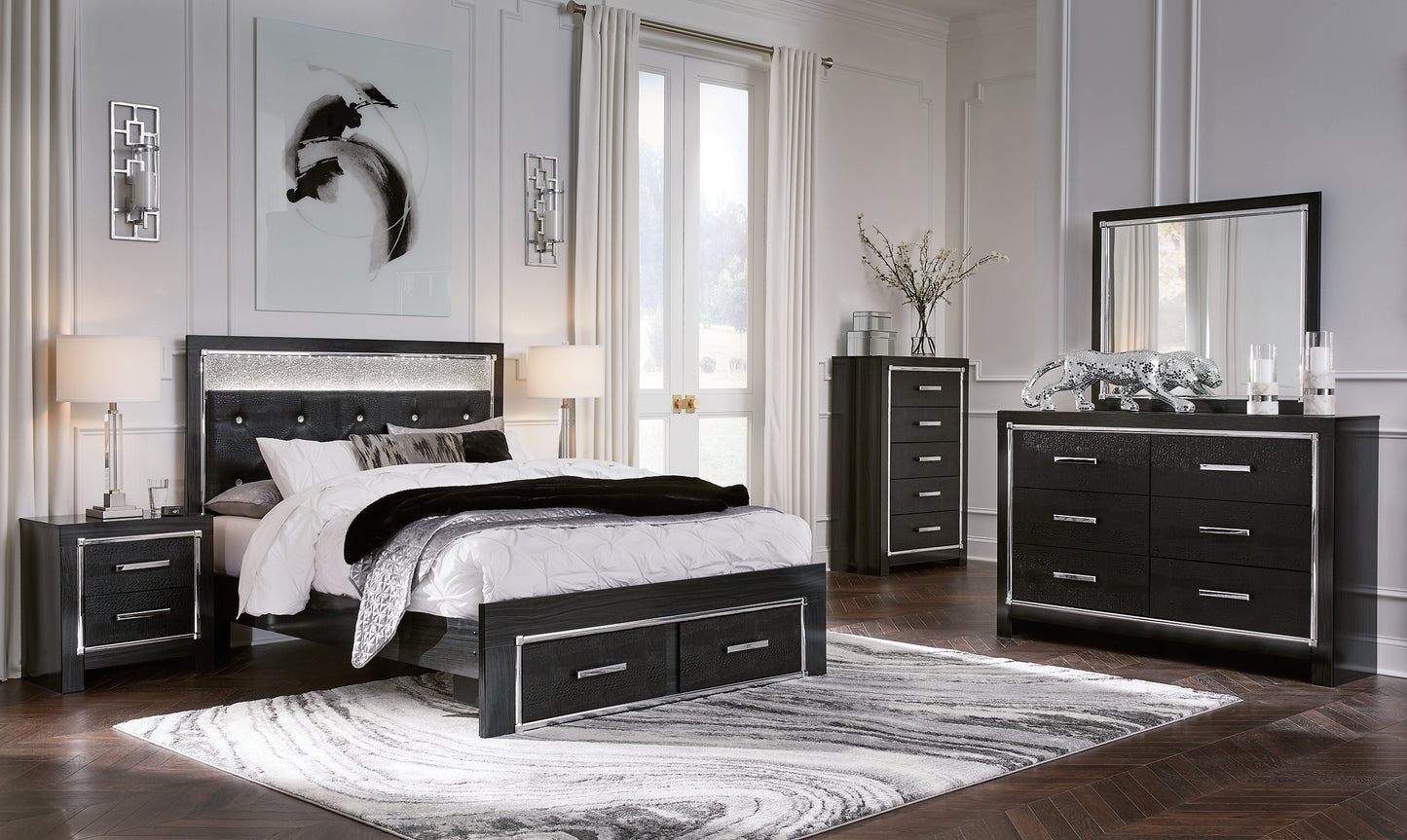 Kaydell Queen Upholstered Panel Storage Platform Bed with Mirrored Dresser, Chest and 2 Nightstands